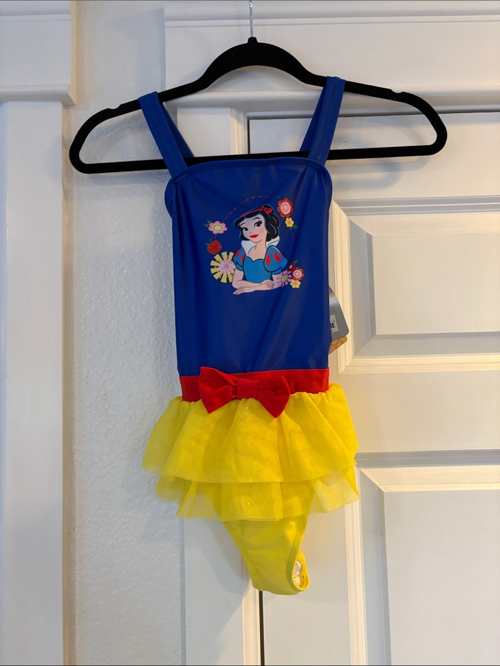 Girls Blue & Yellow Snow White One-Piece Swimsuit with Red Bow NWT